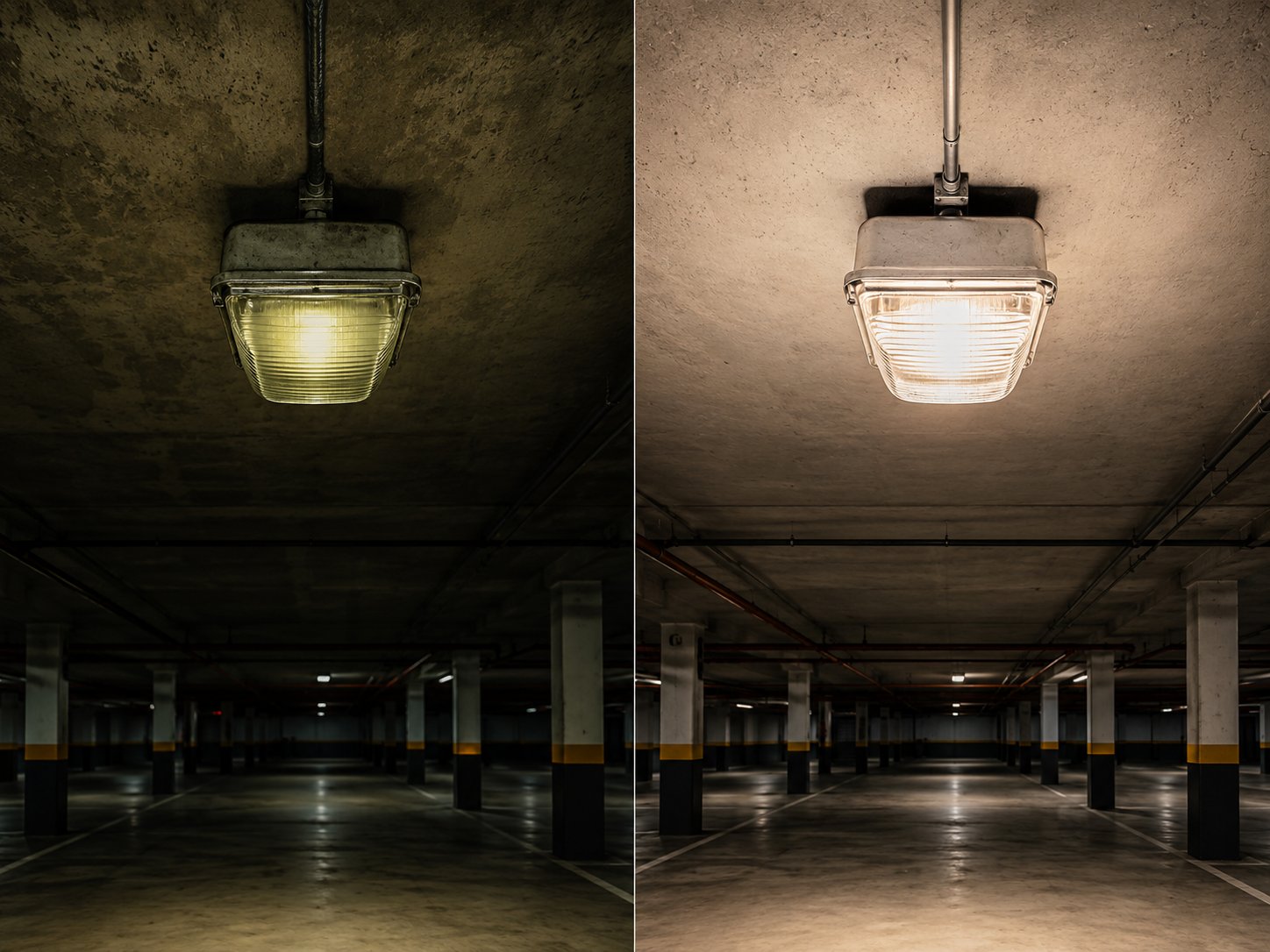 REVIVE before/after: Mönchengladbach office tower — left the existing fixtures with HQL lighting, right after refurbishment with REVIVE LED technology